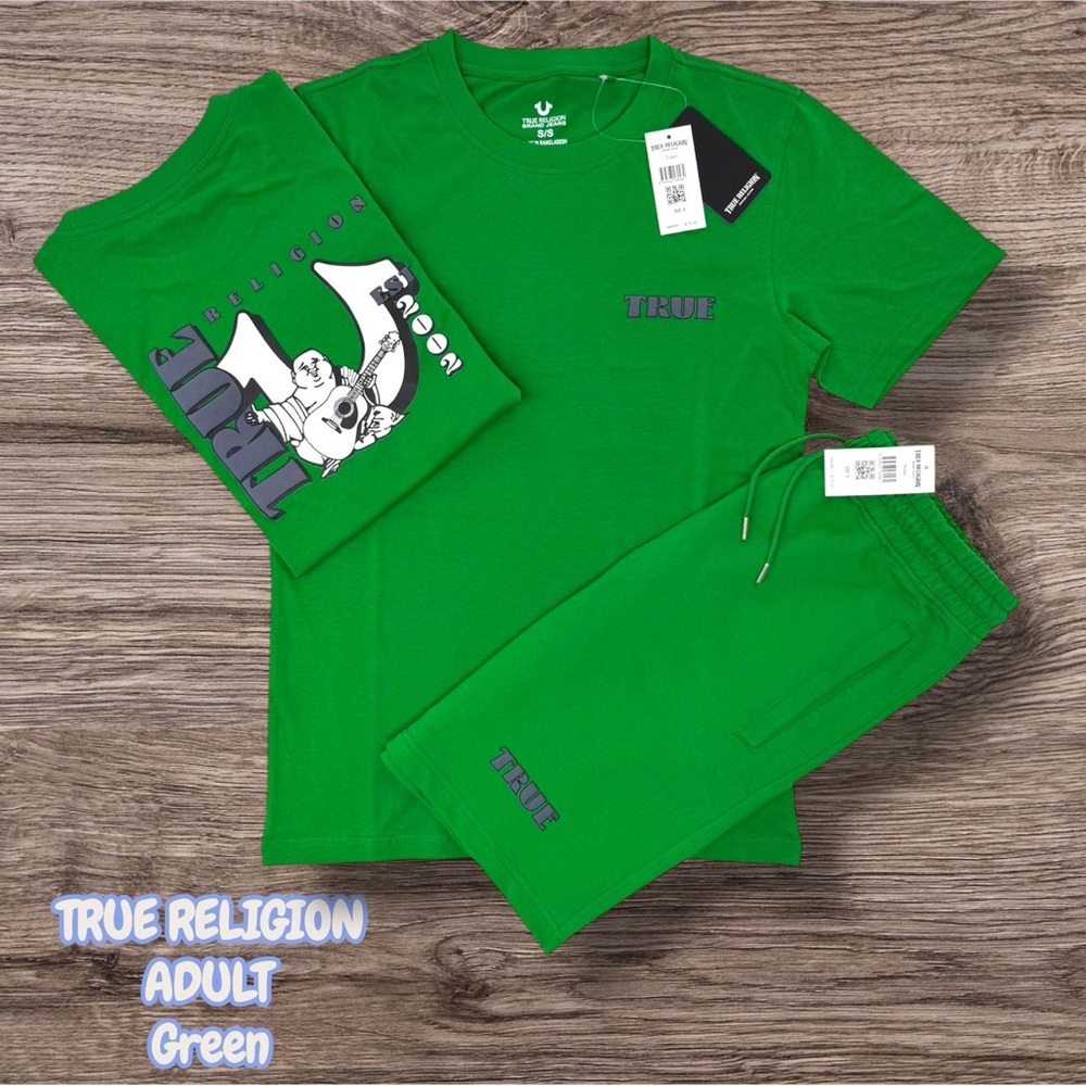 True Religion Bright Green Logo Tee and Shorts Set